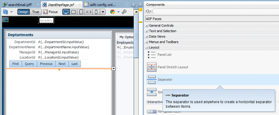 Component Palette with Separator selected and cursor dropping the component onto the Departments page.