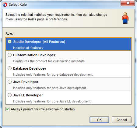 This screenshot shows the role Studio Developer (All Features) in the list of available developer roles is selected by default.