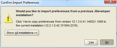 This screenshot shows the Yes and No buttons that give the option to import JDeveloper preferences from an existing installation.