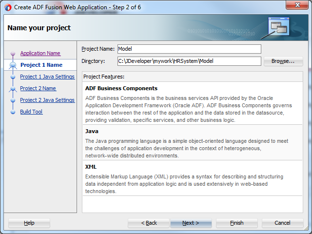 This screenshot displays the project name as specified in the previous praragraph. The project directory defaults to the project name within the application directory. This screen also displays the Project Features.