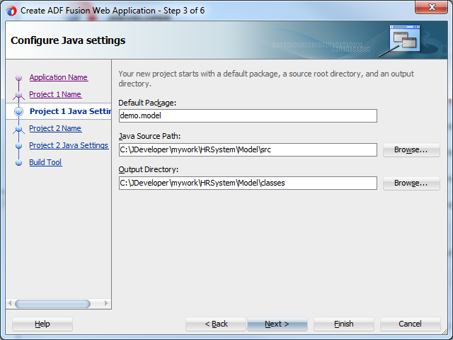 This screenshot shows the default Java Settings. The source path and the output directory are created by default within the application directory.
