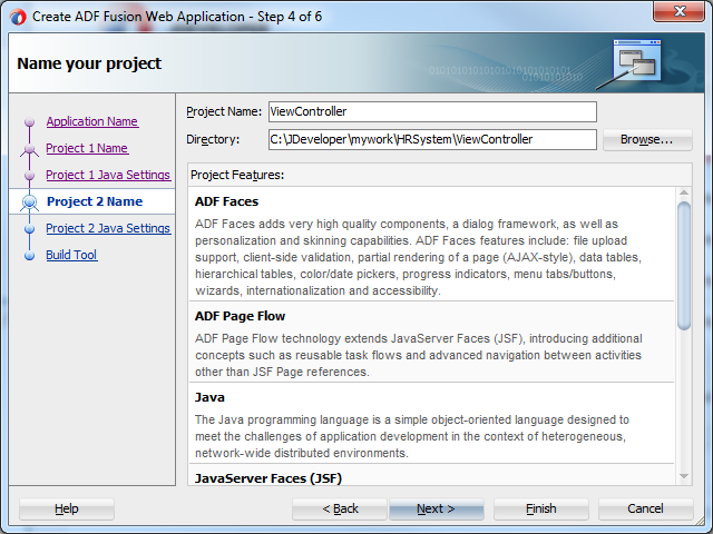 This screenshot shows the project name as specified in the previous praragraph. The project directory defaults to the project name within the application directory. This screen also displays the Project Features.