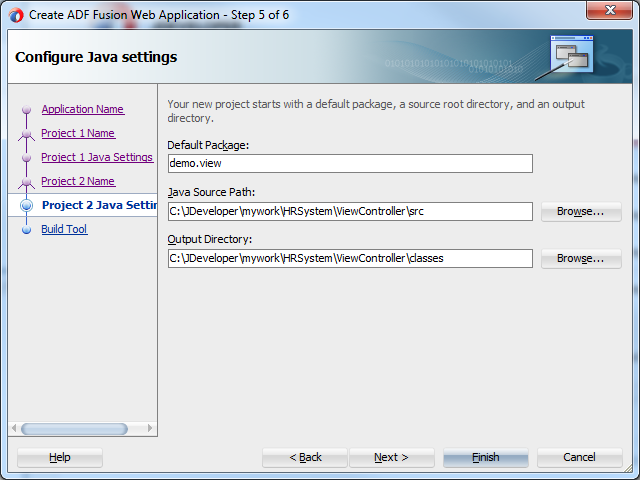 This screenshot displays the default Java Settings. The source path and the output directory are created by default within the application directory.
