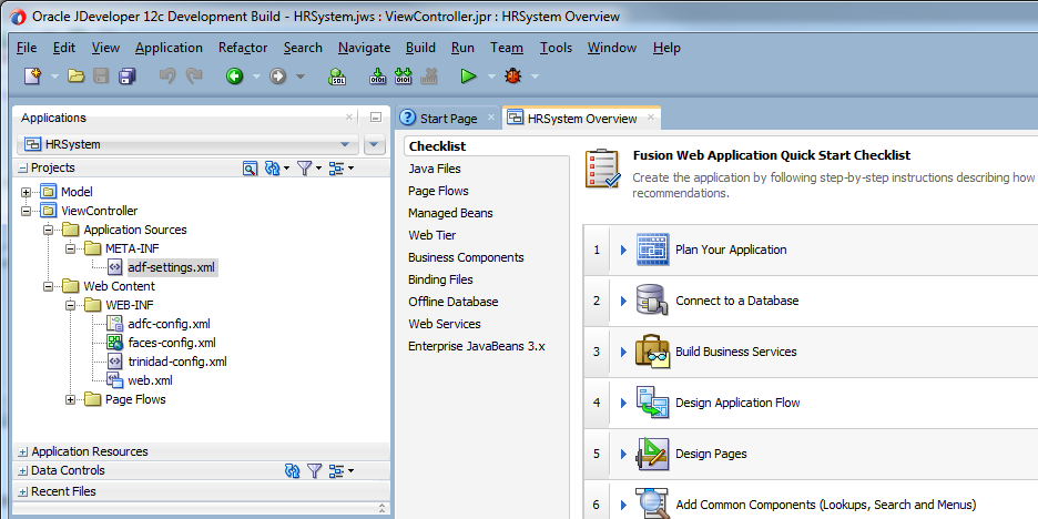 This screenshot shows the Applications window on the left and the Overview page of the selected application on the right. By default, it also shows the checklist that you need to accomplish to create a Fusion Web Application.