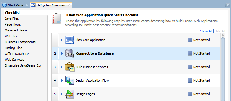This screenshot shows the application overview page with a checklist on the right and the step-by-step instructions to build a Fusion Web Application, on the left.