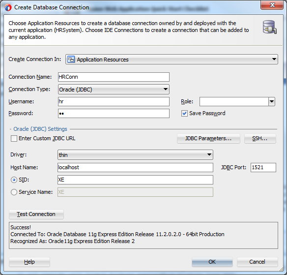 This screenshot shows the properties page with credentials specified as mentioned in the previous paragrah to connect to the Oracle database. It also has the option to check if the connection is successful.