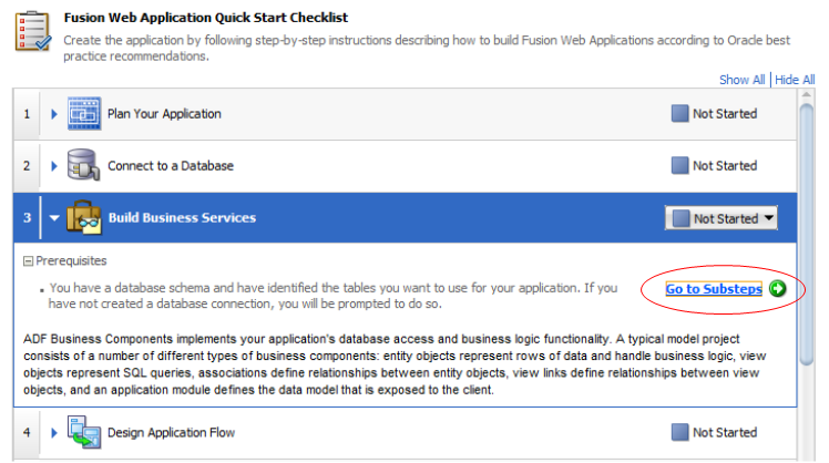 This screenshot shows an expanded step of the Build Business Services task that you need to perform. It also shows if this task involves multiple substeps.