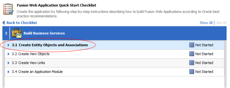 This screenshot shows the substeps that are involved in creating Business Services with Create Entity Objects and Associations step highlighted.