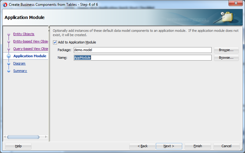 This screenshot shows the default name of the Application Module and Add to Application Module checkbox selected by default.