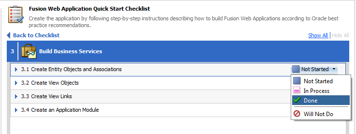 This screenshot shows the Create Entity Objects and Associations statuses with Done as selected.