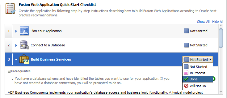 This screenshot shows the statuses of the Build Business Services task with Done as selected.