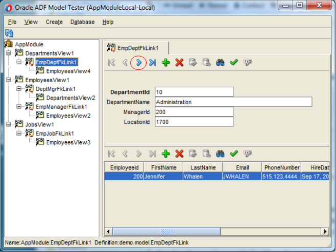 This screenshot shows the ADF Model Tester for the application module you ran. On the left, the screen displays different views of the application module and their links and the right pane shows the data for the selected link. You can navigate through the records by using the buttons.