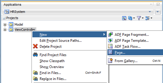 This screenshot shows the Applications window and the right-click menu with New - Page selected, which is the web part (user interface) of the application.