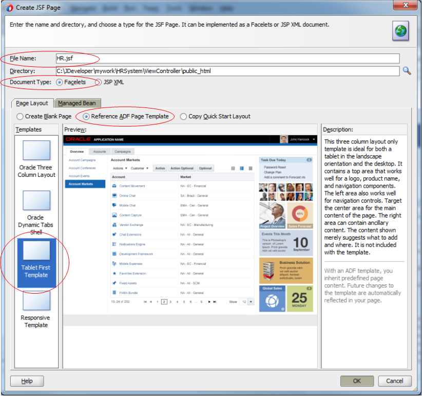 This screenshot shows the Create JSF Page with the File Name entered and the fields highlighted as specified in the previous paragraph. You can create a page from a blank page or from existing templates, which are displayed on the left side of the dialog. The center pane displays the template style and the right side displays the description of the template.