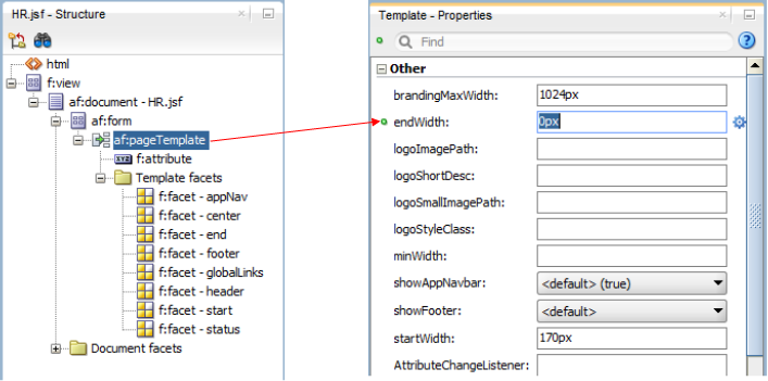 This screenshot shows the Structure window with af:pageTemplate selected and the corresponding properties page. The Structure window displays different Template facets that can be added to a page.