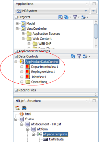 This screenshot shows the Data Controls window that lists the business services you added. You can add these data controls to a page. 
