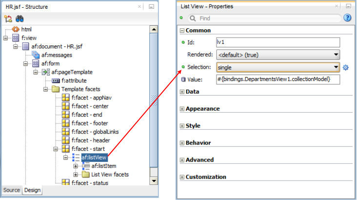 This screenshot displays the Structure window with af:listView selected and the corresponding Properties window where you can set the properties.