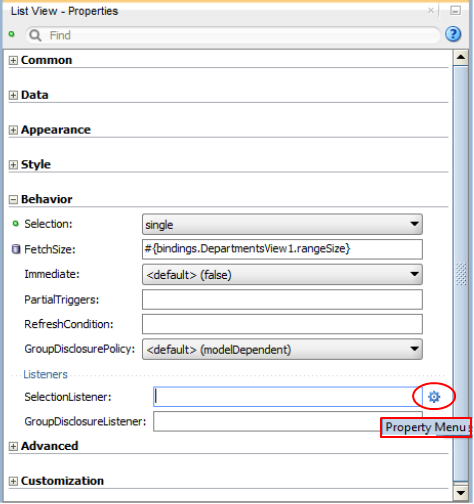 This screenshot shows the Properties window that lists the properties of a selected item. This screenshot displays the Behavior node expanded.