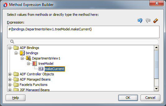 This screenshot shows the Method Expression Builder dialog where you can select a method to build an expression. This screenshot shows an example of creating an expression for ADF Bindings.