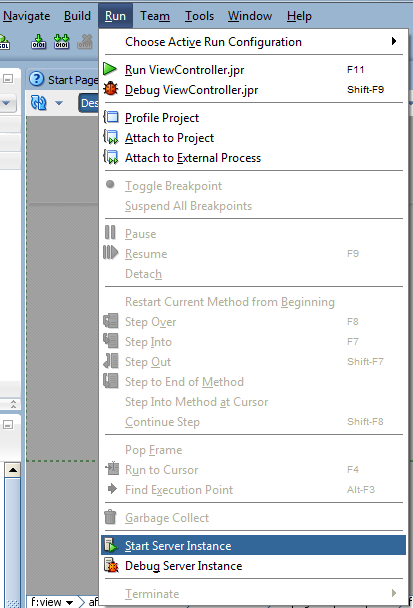 this screenshot shows the menu command in JDeveloper to start the integrated Web Logic Server.