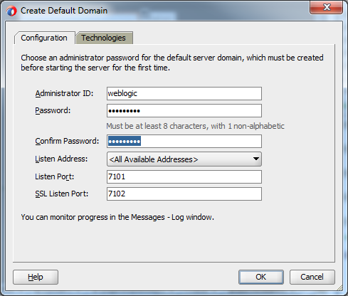 This screenshot shows the Create Default Domain dialog with the credentials for Web Logic Server entered.