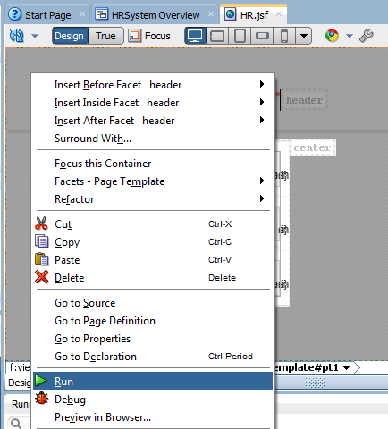 This screenshot shows the visual editor and the menu command to deploy the page to Web Logic Server.