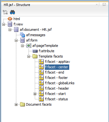 This screenshot shows the Structure window that displays the attributes of a JSF papge with Center facet selected.