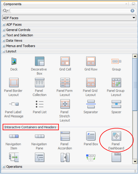 This screenshot shows the Components window with Layout node expanded. The Layout node dispalys the layout components. Few Layout components are displayed under Interactive Containers and Headers section, where panelDashboard is highlighted.