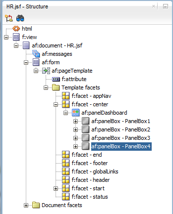 This screenshot shows the Structure window with four panel boxes placed under panelDashboard.