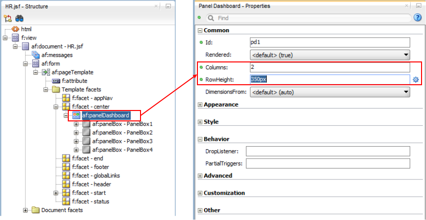 This scresnshot shows the Structure window with panelDashboard selected and the properties windows of panelDashboard where Common section is expanded. The Columns and RowHeight attributes are highlighted.