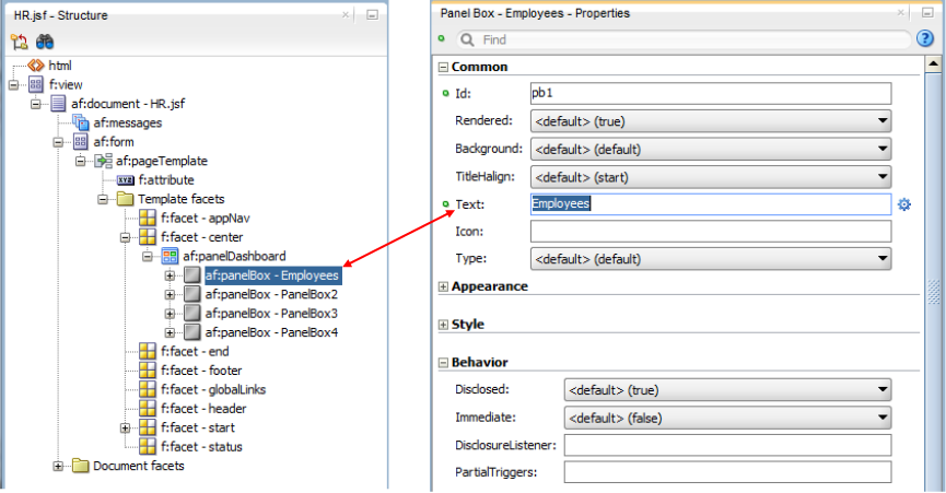 This screenshot shows the Structure window with the first Panel Box selected and also the Properties window of the Panel Box. The Properties window displays the expanded Common section with the text modified.