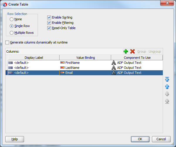 This screenshot shows the Create Table pane where the specific attributes as mentioned in the above paragraph are selected.