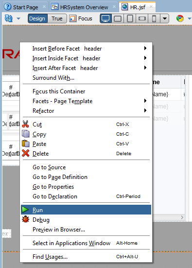 This screenshot shows the visual editor in the background and the menu command to deploy the page to Web Logic Server.