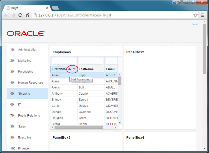 This screenshot shows the browser page with different data selected on the left side and the first panel box displayng the corresponding data and other empty panel boxes on the right side. The first column in the first panel box displays the two sorting icons.