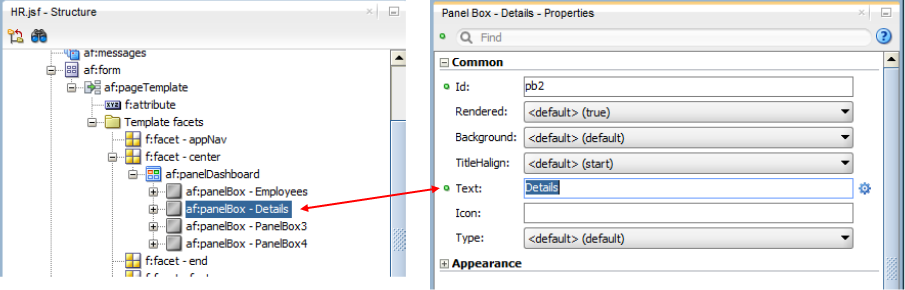 This screenshot shows the Structure window with the second panel box selected and the corresponding Properties window. The Common section of the Properties window is expanded with the Text attribute modified as specified in the paragraph above.