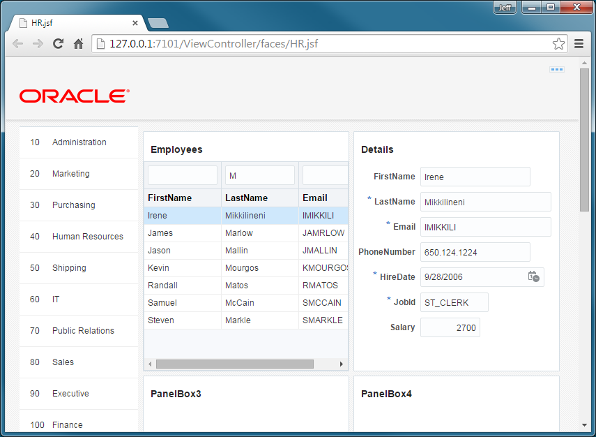 This screenshot shows the reloaded browser page that displays data in the left pane, first, and second panel boxes. The second panel box displays the data as included in the previous steps in a form format.