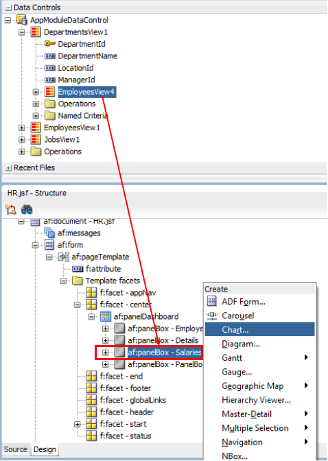 this screenshot shows the Data Controls panel from where a data control is dragged and dropped to the third panel box, and a Chart layout is selected from the popup menu.