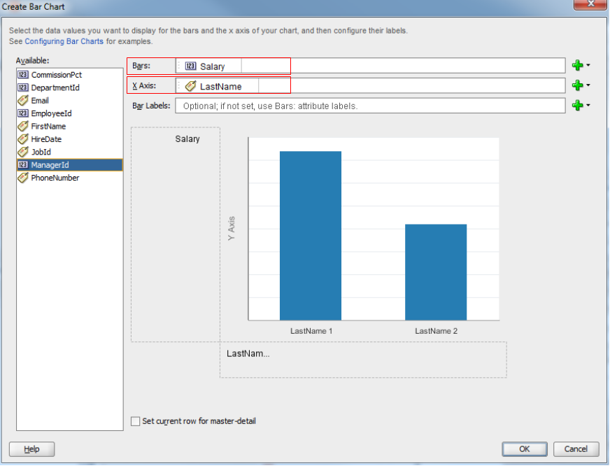 This screenshot shows the Create Bar Chart window where you can drag and drop the fields for x and y axis. In this screenshot, Salary is dropped for Bars and Lastname is dropped for X azis. A sample chart is also displayed.