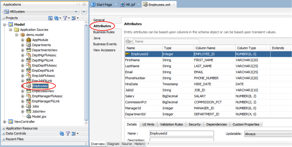 This screenshot shows the Applications window with the Model project expanded and the Employees entity selected on the left side of the window. On the right, the screenshot displays the editor area, the Attributes tab selected, and displays all the employees attributes.