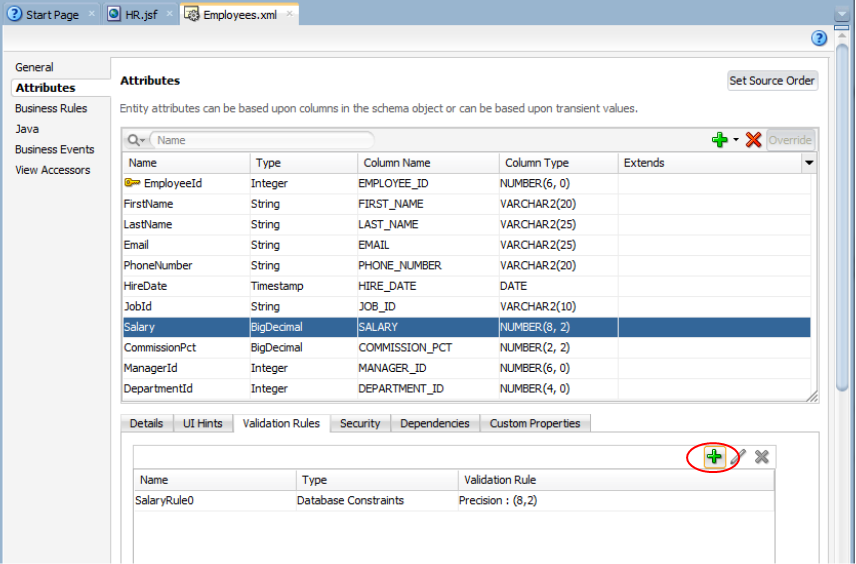 This screenshot shows the employees attributes in the editor area, the Salary attribute selected in the top pane, Validatation Rules tab selected in the bottom pane, and the add new validatation icon selected.