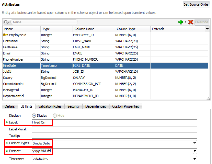 This screenshot shows the editor area with employees attributes, HireDate attribute selected in the top pane, UI Hints tab selected in the bottom pane, and few fields entered with the details as mentioned in the previous paragraph.