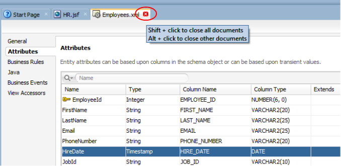 This screenshot shows the editor area and highlights the close button of the Employees.xml tab.