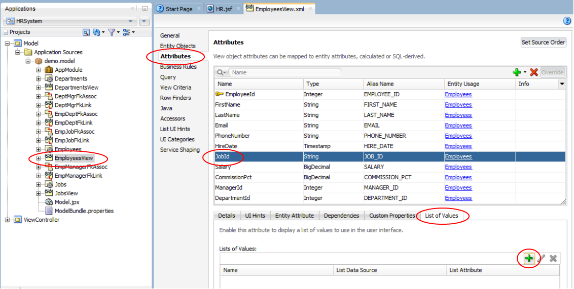 This screenshot shows the Applications window and the editor area. On the left, this screenshot displays the Applications window with expanded Model project and EmployeesView component selected. On the right, displays the editor area of the EmployeesView.xml. The editor area is divided into three parts. On the left pane, Attributes tab selected, on the top right pane, JobID attribute selected, and in bottom right pane, List of Values and create new list of values icon selected.