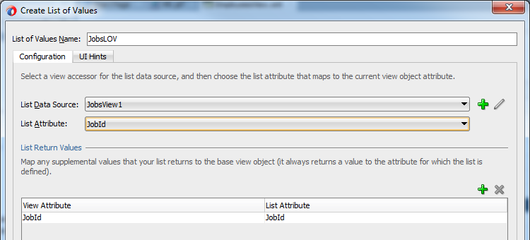 This screenshot shows the Create List of Values dialog with List Attribute under Configuration tab set to JobId.