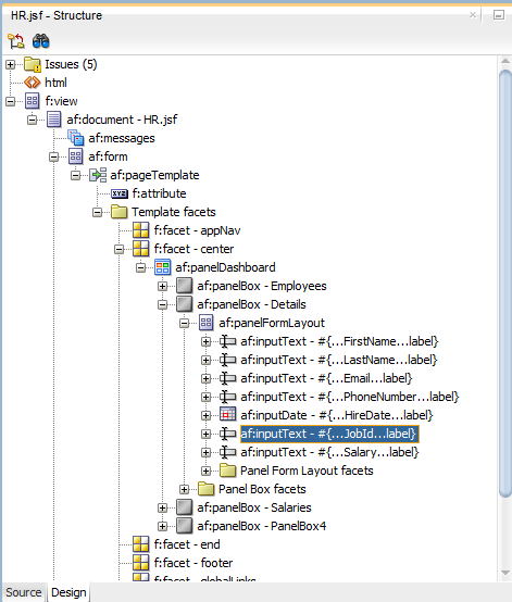 This screenshot shows the Structure window of the jsf page with inputText - JobID selected as specified in the previous paragraph.