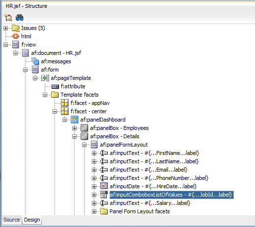 This screenshot shows the Structure window with inputComboboxListOfValues selected, which was added in the previous step.
