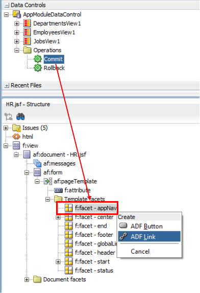 This screenshot shows the Commit operation from the Data Controls window is dragged and dropped to the appNav facet in the Structure window as ADF Link.