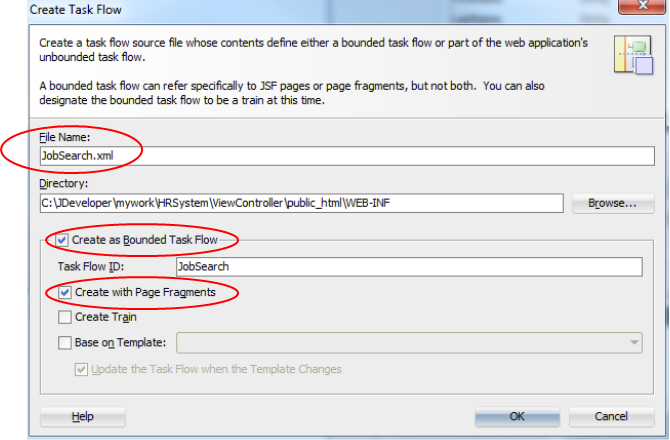 This screenshot shows the Create Task Flow pane with File Name filled and other fields highlighted as mentioned in the previous paragraph.