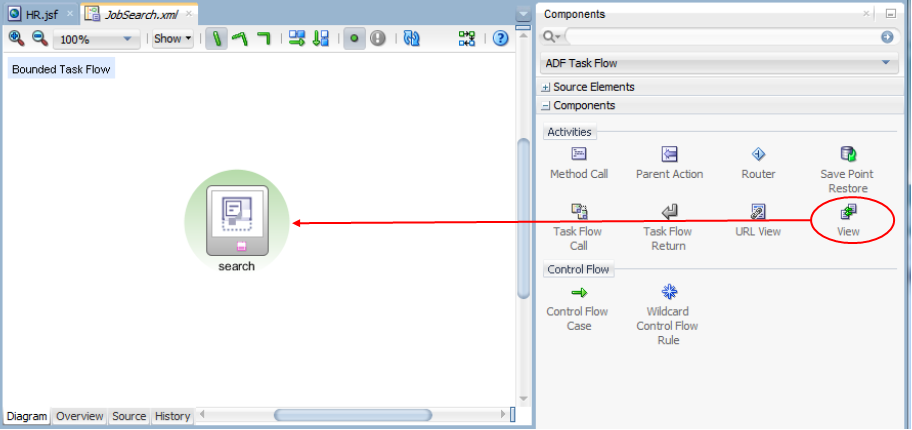 This screenshot shows that the View activity from the Components window is dragged and dropped to the e editor the name modified as specified in the previous paragraph.