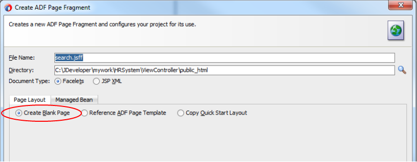 This screenshot shows the Create ADF Page Fragment where Create Blank Page is selected.